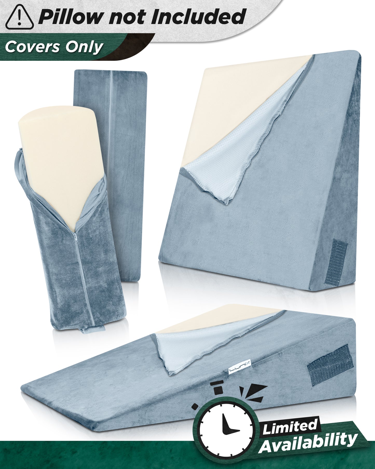 Lunix LX8 2-Layer Wedge Pillow Set + Extra Cover Bundle (Gray)