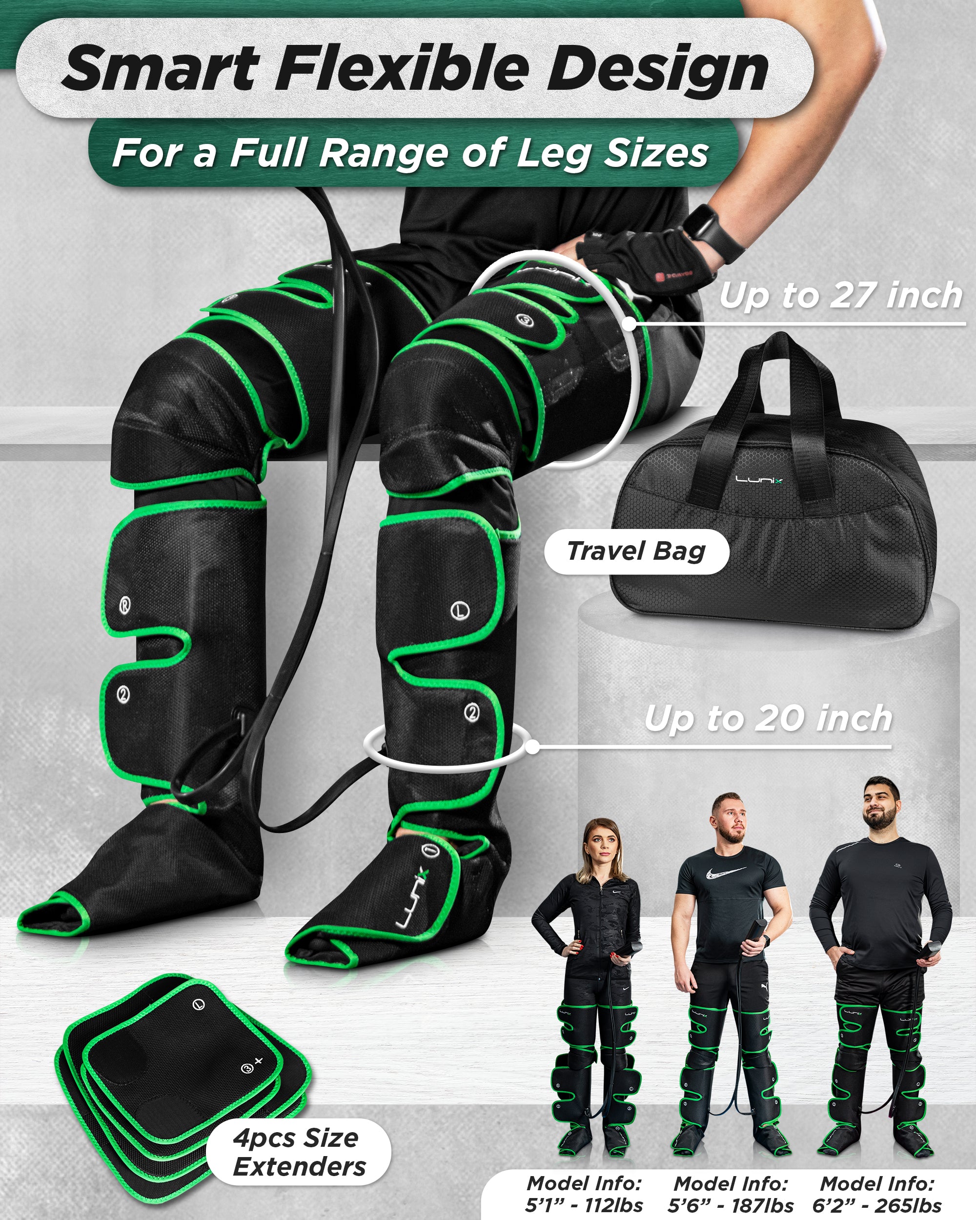 LUNIX LX10 FULL LEG COMPRESSION MASSAGER, WITH HOT/COLD PACK - GREEN