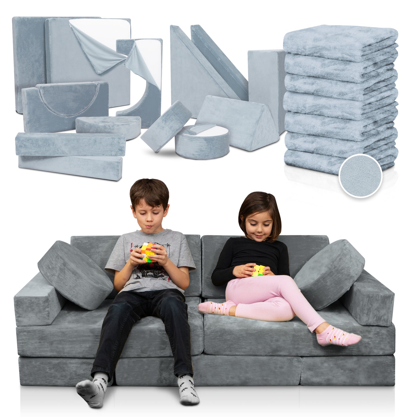 Lunix LX15 14pcs Modular Play Couch (Stone Gray) + Extra Serenity Blue Cover Bundle