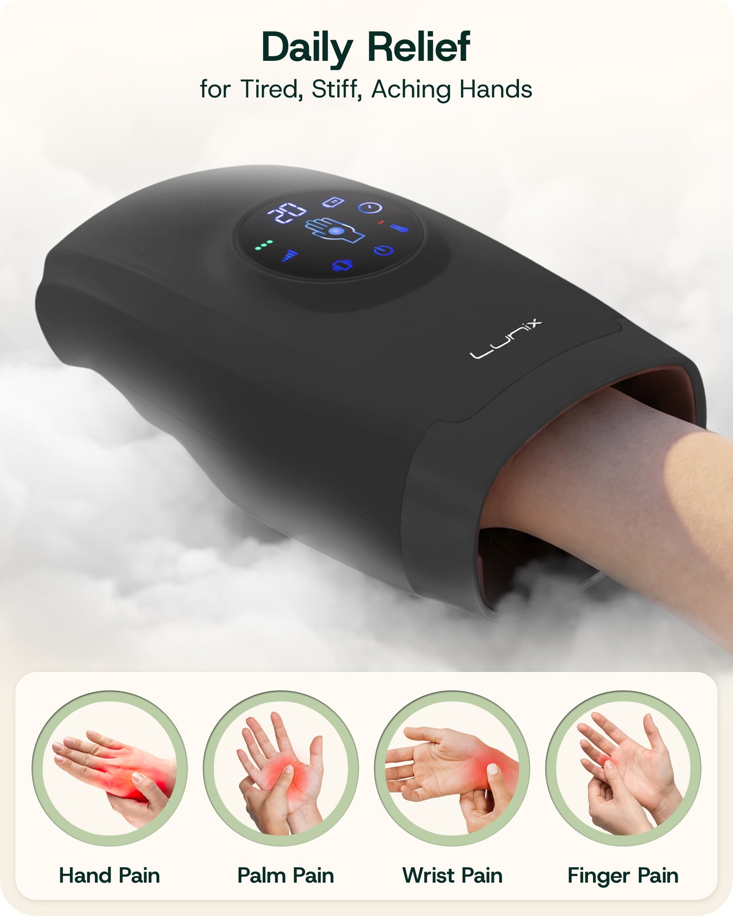 LX7 LCD Touchscreen Hand Massager, Heated Air Compression, Charcoal Black