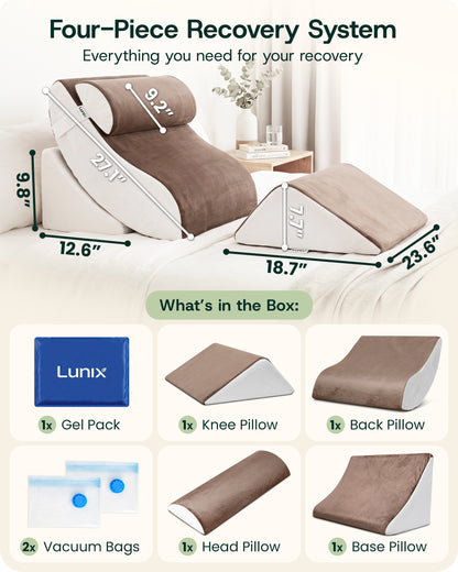LX5 4-Piece Support for Shoulder & Upper Body Rest, Orthopedic Bed Wedge Pillow Set, Almond Brown