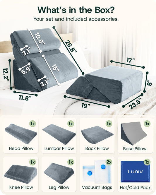 Lunix LX13 6-Piece Bed Wedge Pillow System for Rest and Positioning, Stone Navy with Aloe Vera