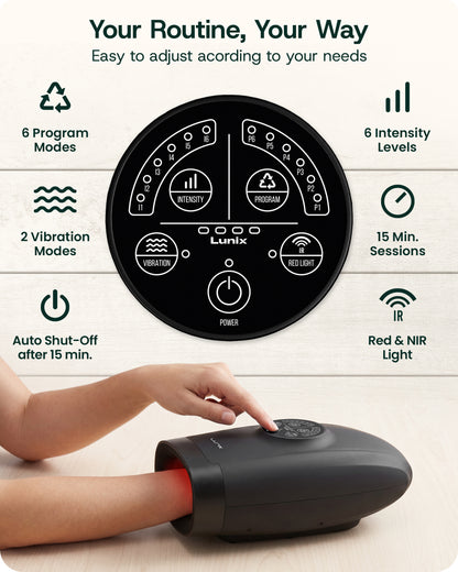 Lunix LX33 Hand Massager with Red Light Therapy, Carpal Tunnel & Wrist Pain Relief Device, Charcoal Black