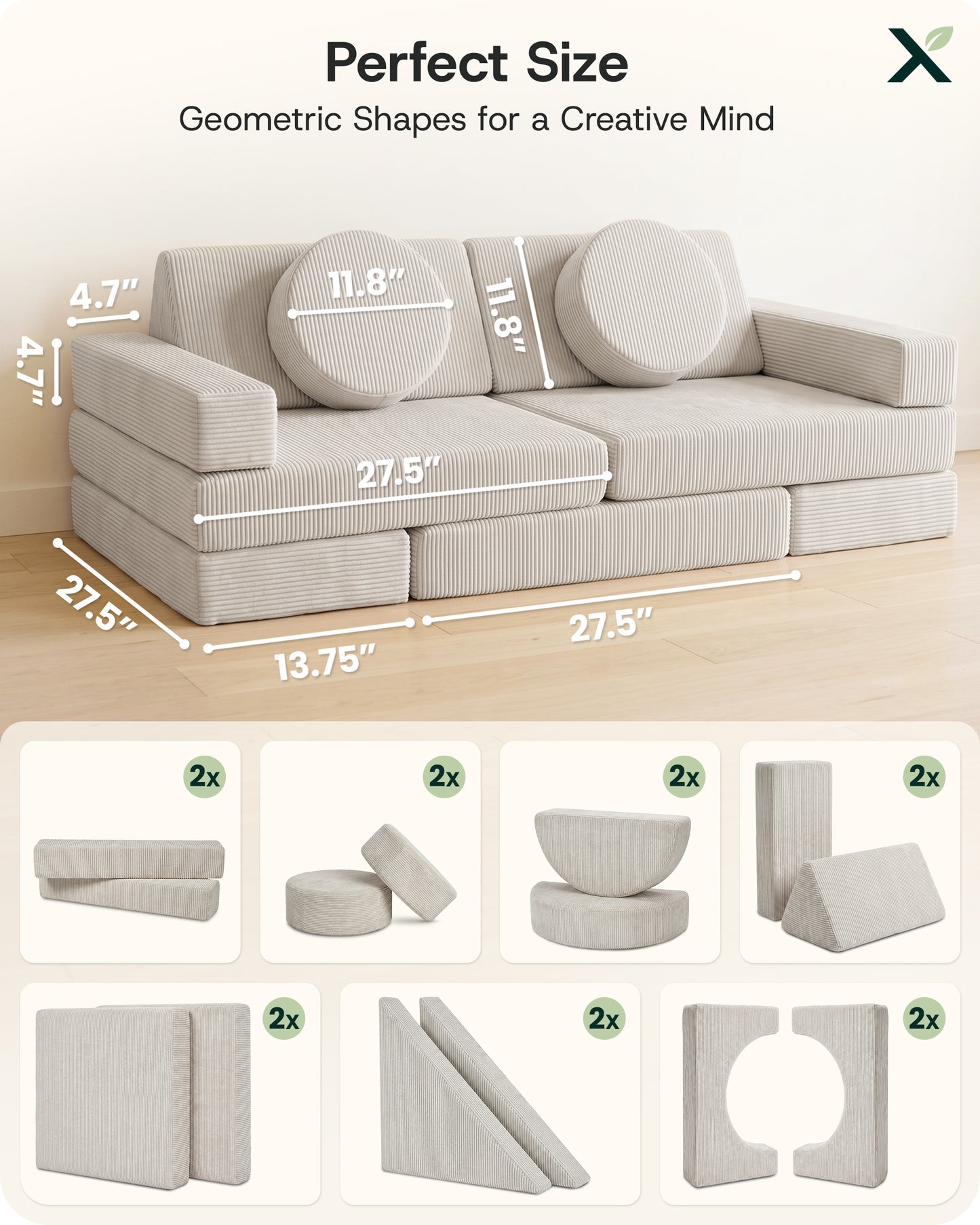 Lunix 14pcs Modular Play Couch, Sand Beige