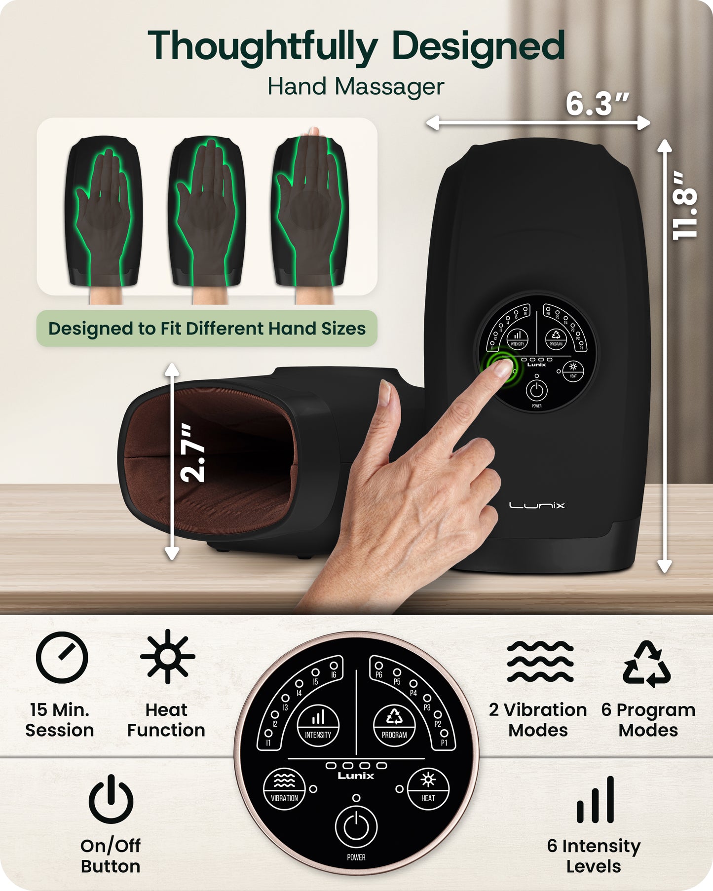 LX3 Carpal Tunnel & Wrist Pain Relief Device, Heated Air Compression Hand Massager, Charcoal Black