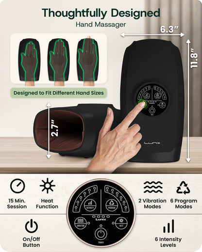 LX3 Carpal Tunnel & Wrist Pain Relief Device, Heated Air Compression Hand Massager, Charcoal Black