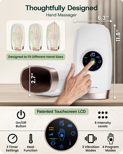 LX7 LCD Touchscreen Hand Massager, Heated Air Compression, Lunar White