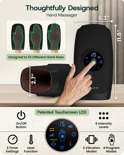 LX7 LCD Touchscreen Hand Massager, Heated Air Compression, Charcoal Black