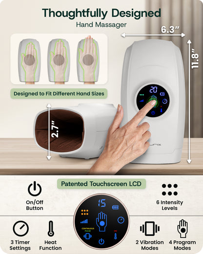 LX7 LCD Touchscreen Hand Massager, Heated Air Compression, Cloud Gray