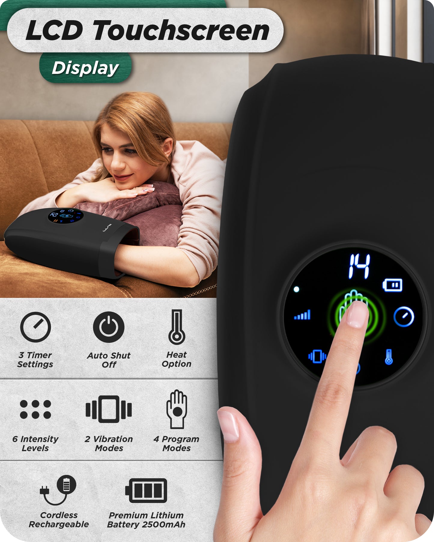 LX7 LCD Touchscreen Hand Massager, Heated Air Compression, Charcoal Black