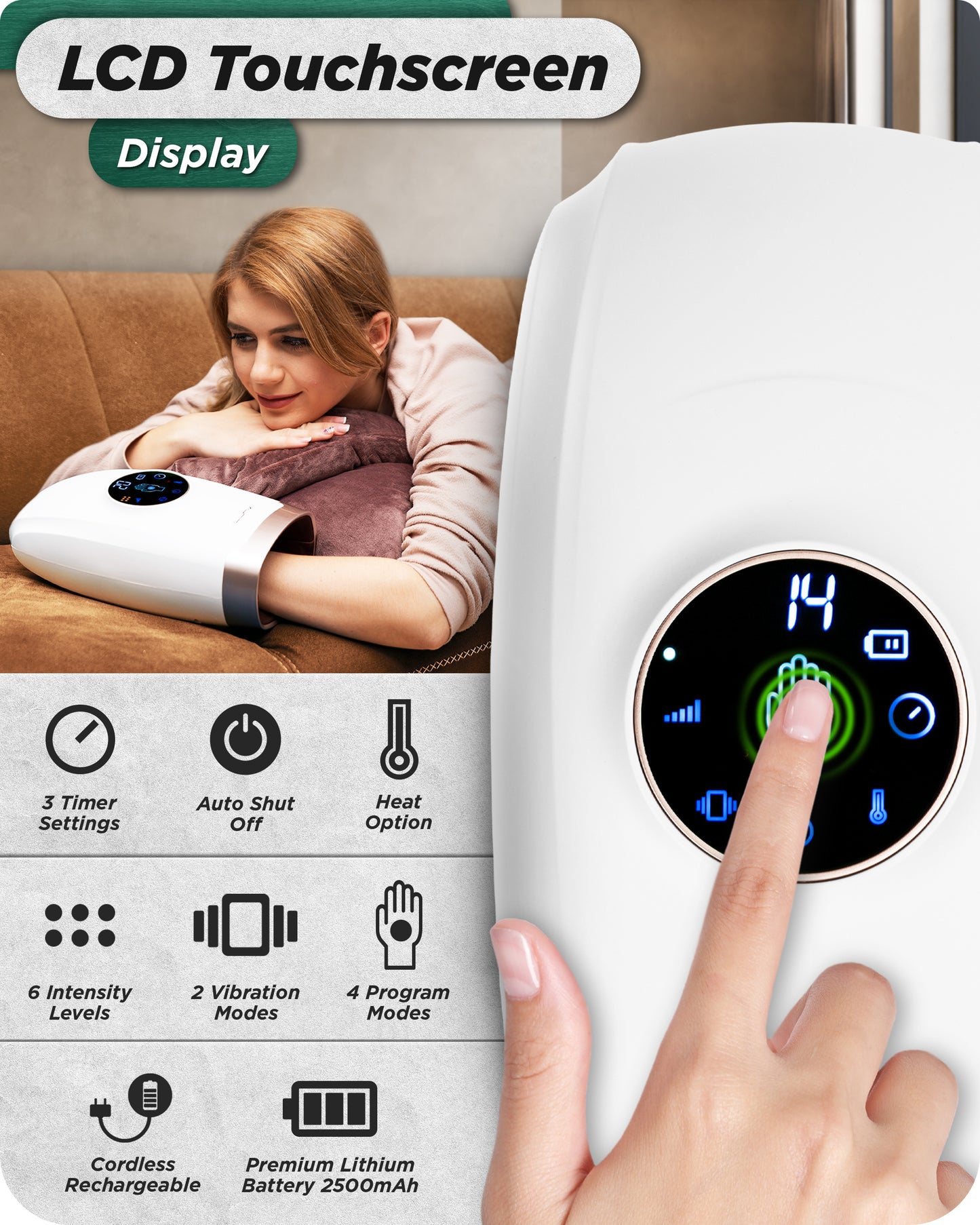 LX7 LCD Touchscreen Hand Massager, Heated Air Compression, Lunar White