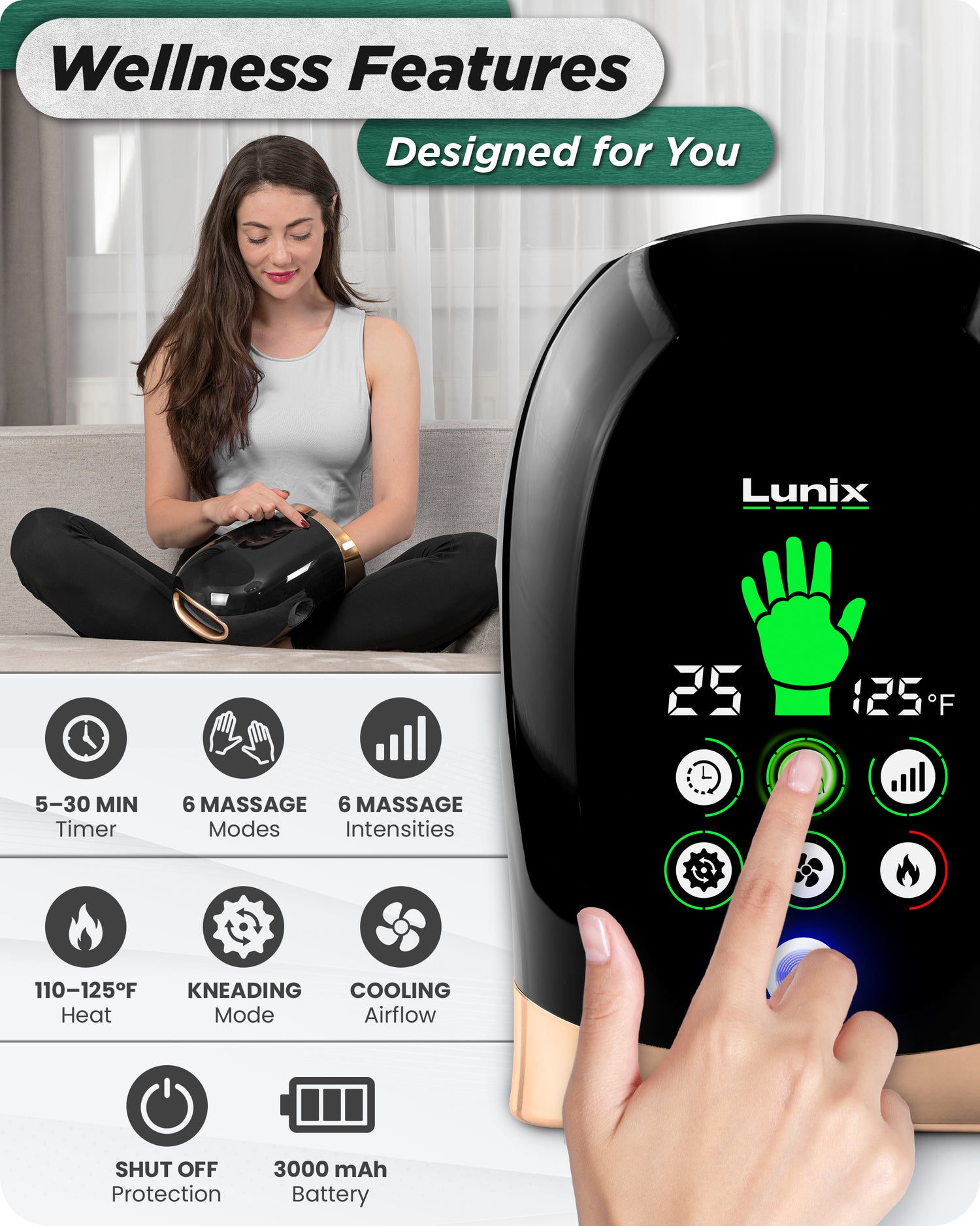 LX30 Hand Massager with Heat and Cold, Kneading and Compression - Black