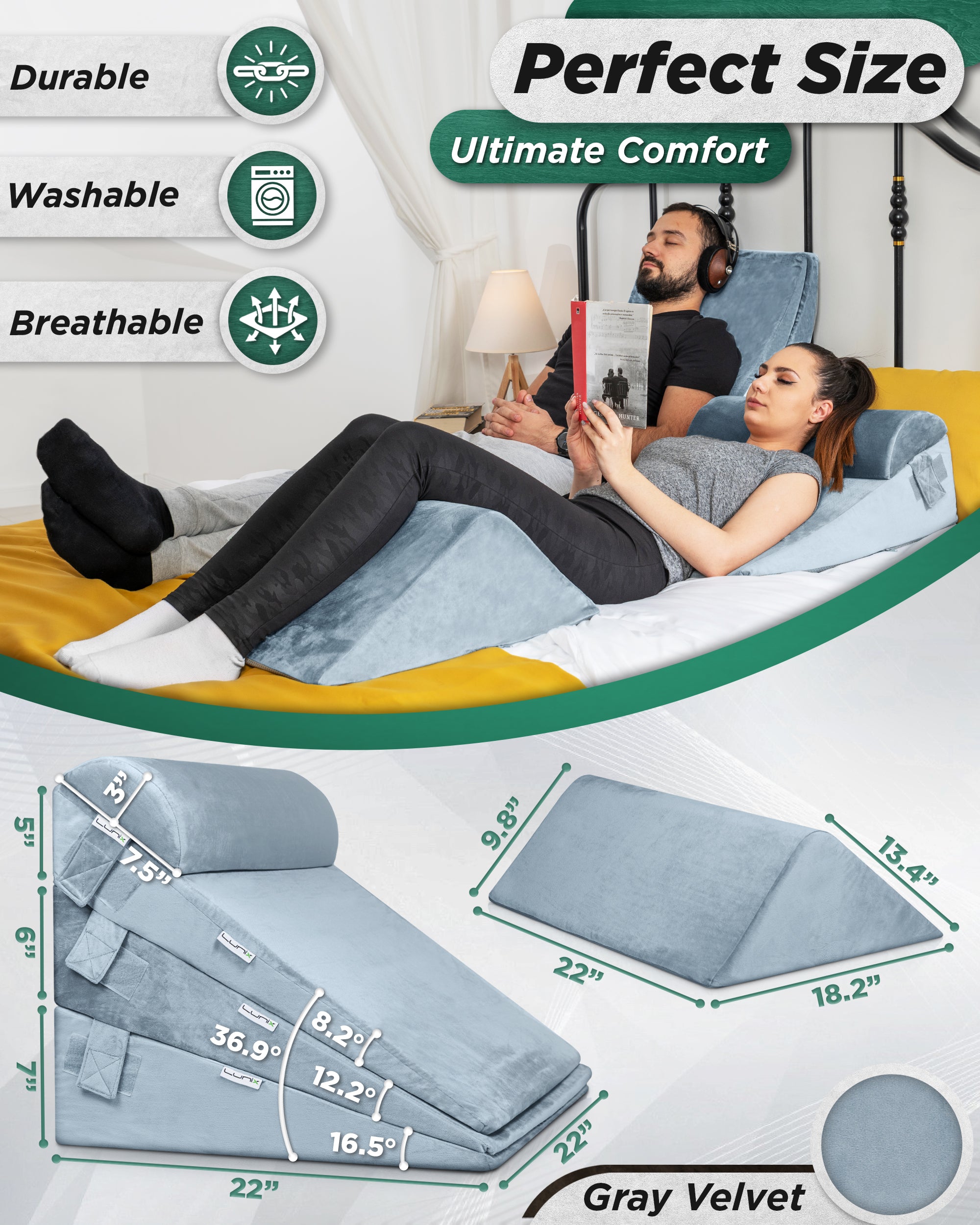 Lunix LX11 5pcs Wedge Pillow Set + Extra Cover Bundle (Gray)