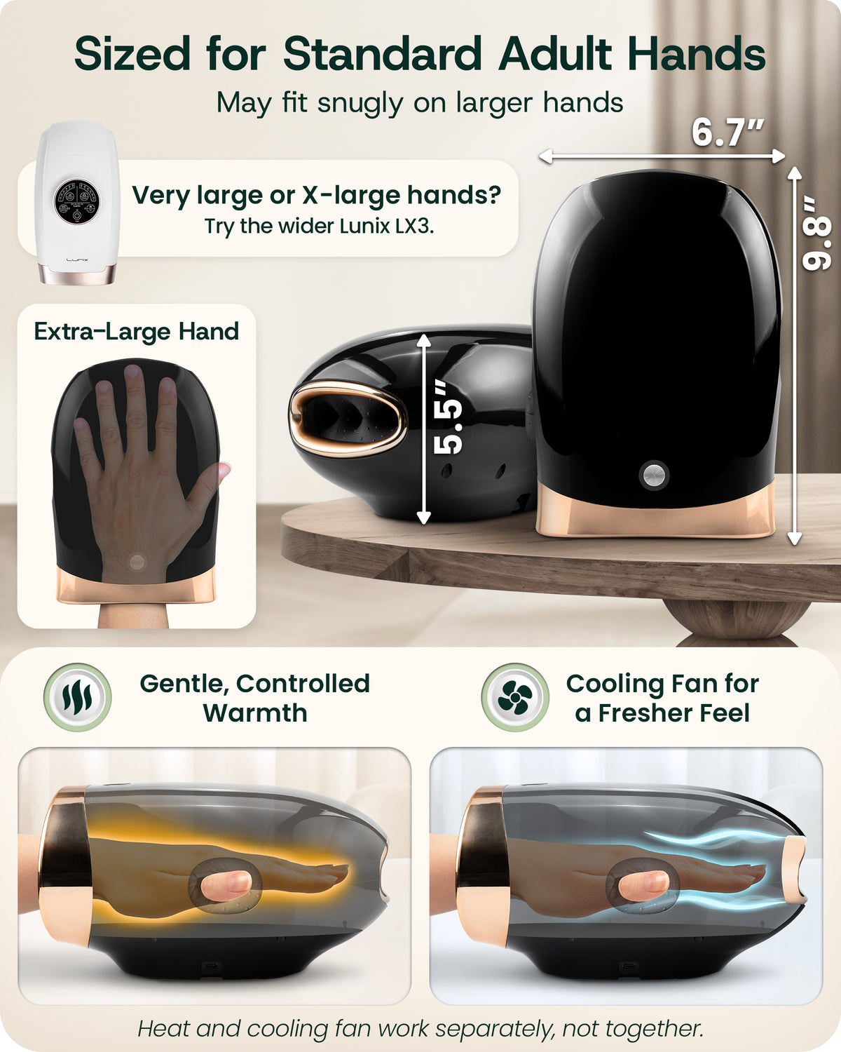LX30 Rolling Hand Massager, Kneading + Compression, Heat + Cooling Fan, Charcoal Black