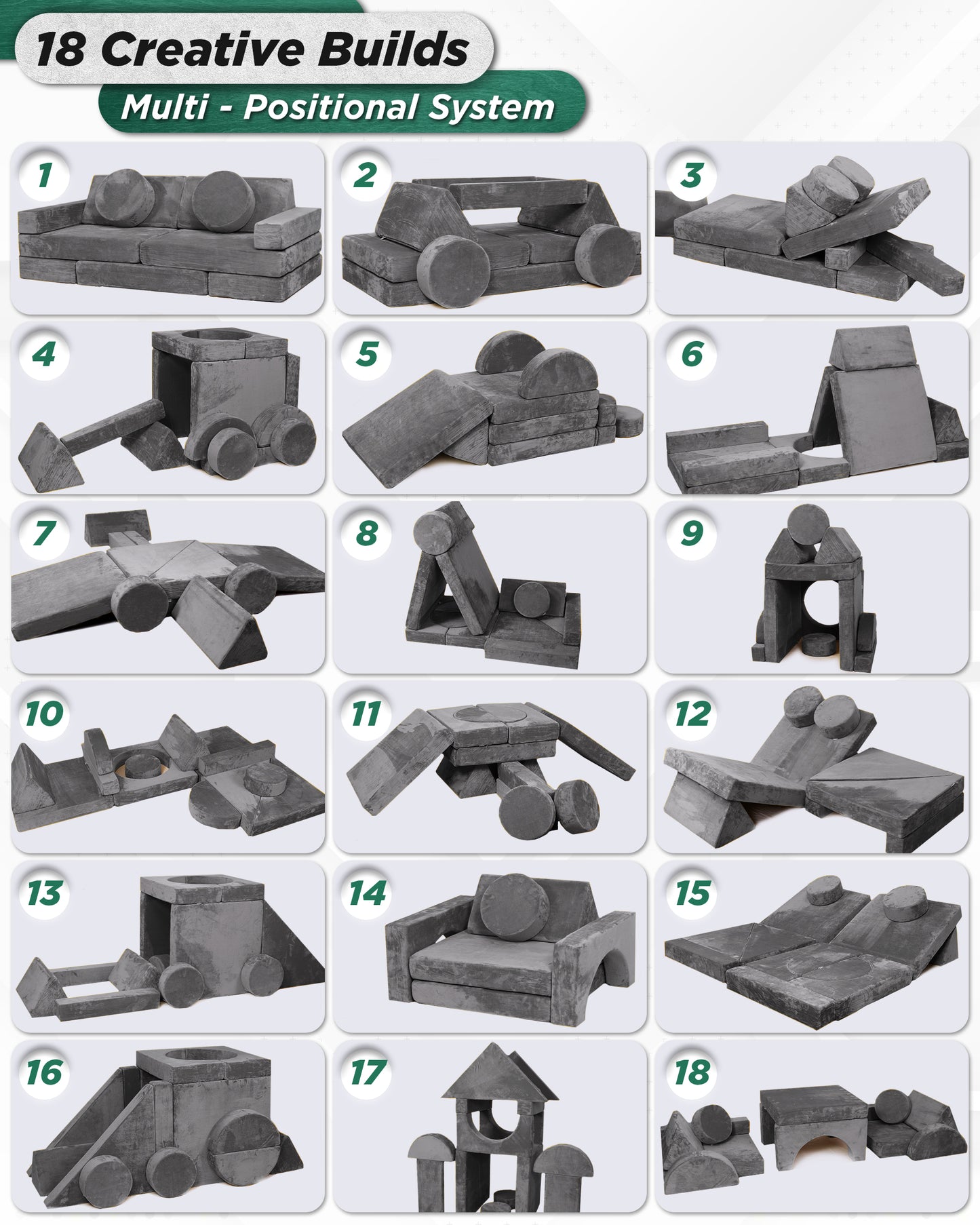 LX15 14pcs Modular Play Couch, Granite Gray