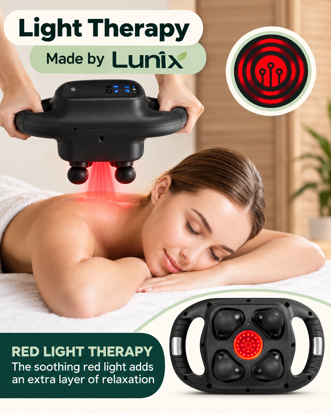 Lunix LX25 4-Head Percussion Massager with Infrared Light, Charcoal Black