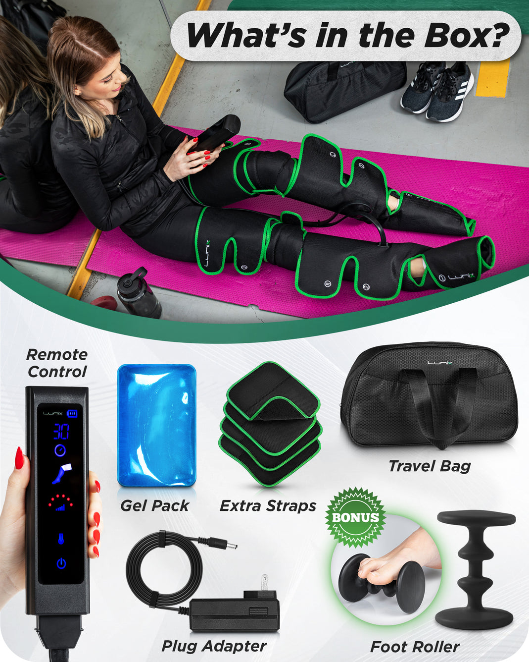 LX10 FULL LEG COMPRESSION MASSAGER, WITH HOT/COLD PACK GREEN