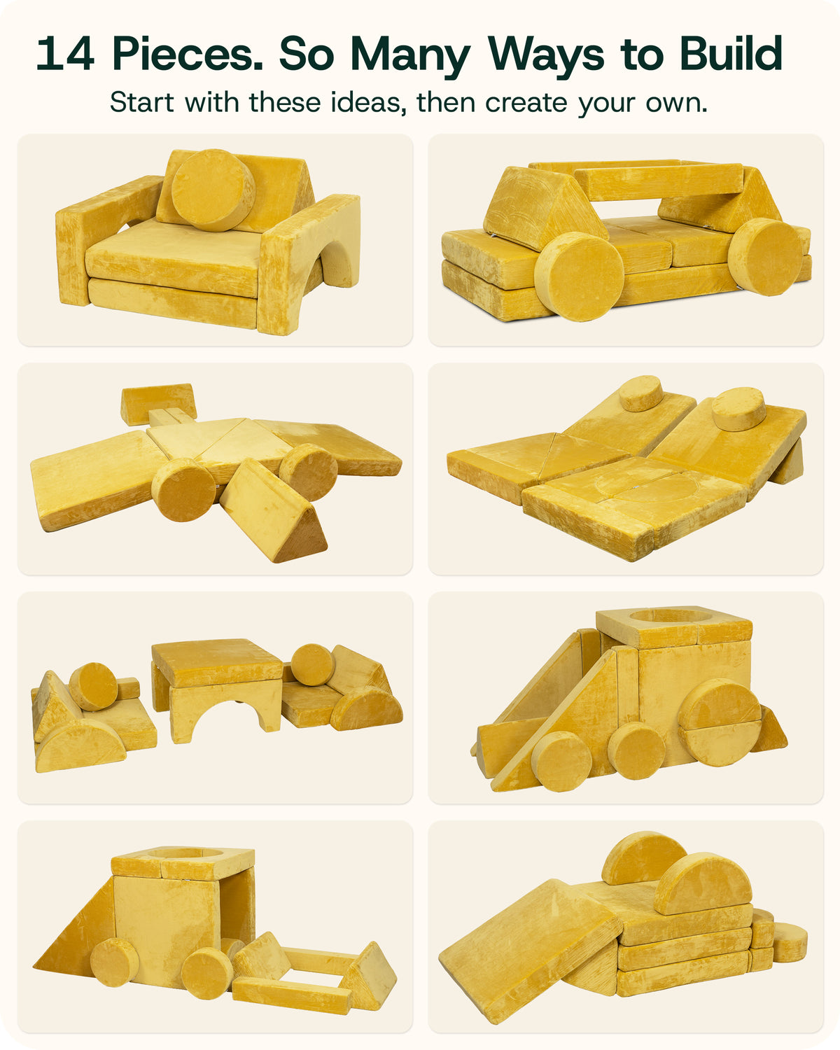 LX15 14pcs Modular Play Couch, Amber Yellow
