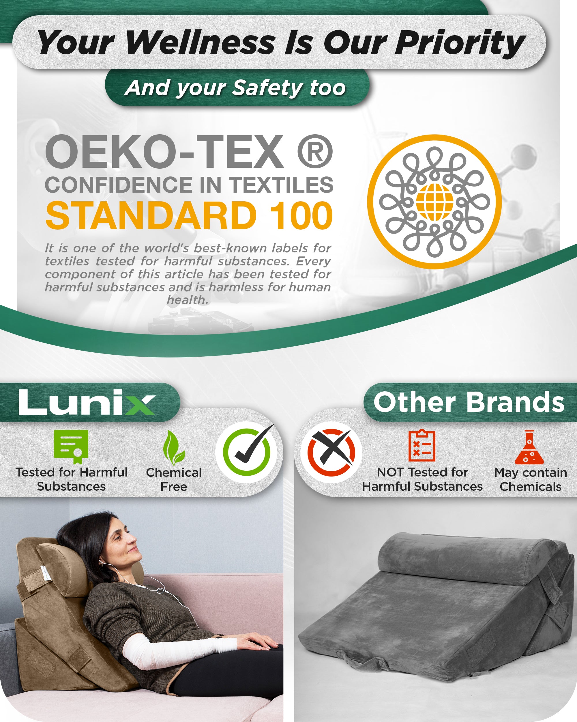 Lunix LX6 3pcs Orthopedic Bed Wedge Pillow System, with Hot Cold Pack, Brown