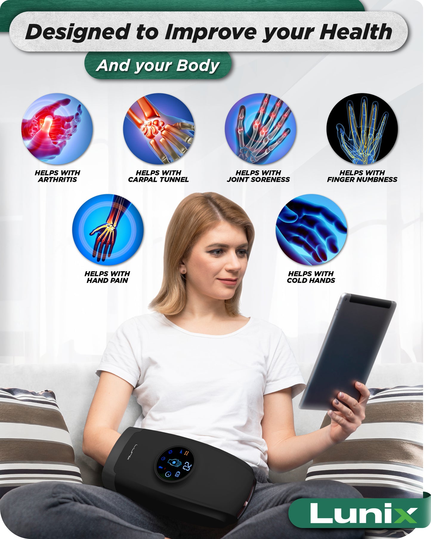 LX7 LCD Touchscreen Hand Massager, Heated Air Compression, Charcoal Black