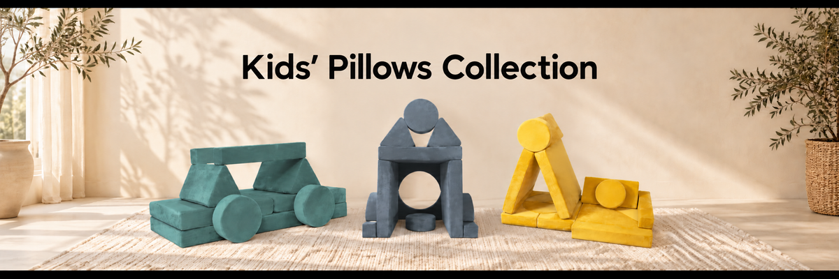 Three Lunix kids couch set in teal, gray, and yellow are arranged on a light wood floor in a sunlit room. The text 'Kids' Pillows Collection' is displayed at the top.