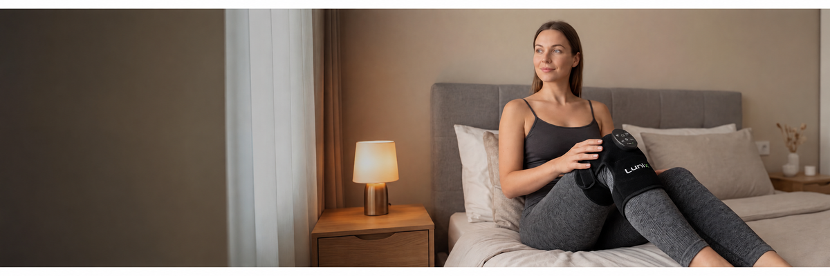 Woman sitting on a bed using Lunix LX19 Red light therapy