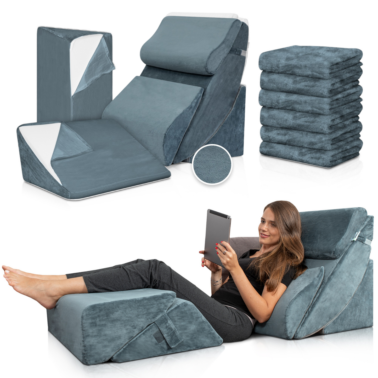 Lunix LX13 6pcs Wedge Pillow Set + Extra Cover Bundle (Navy)