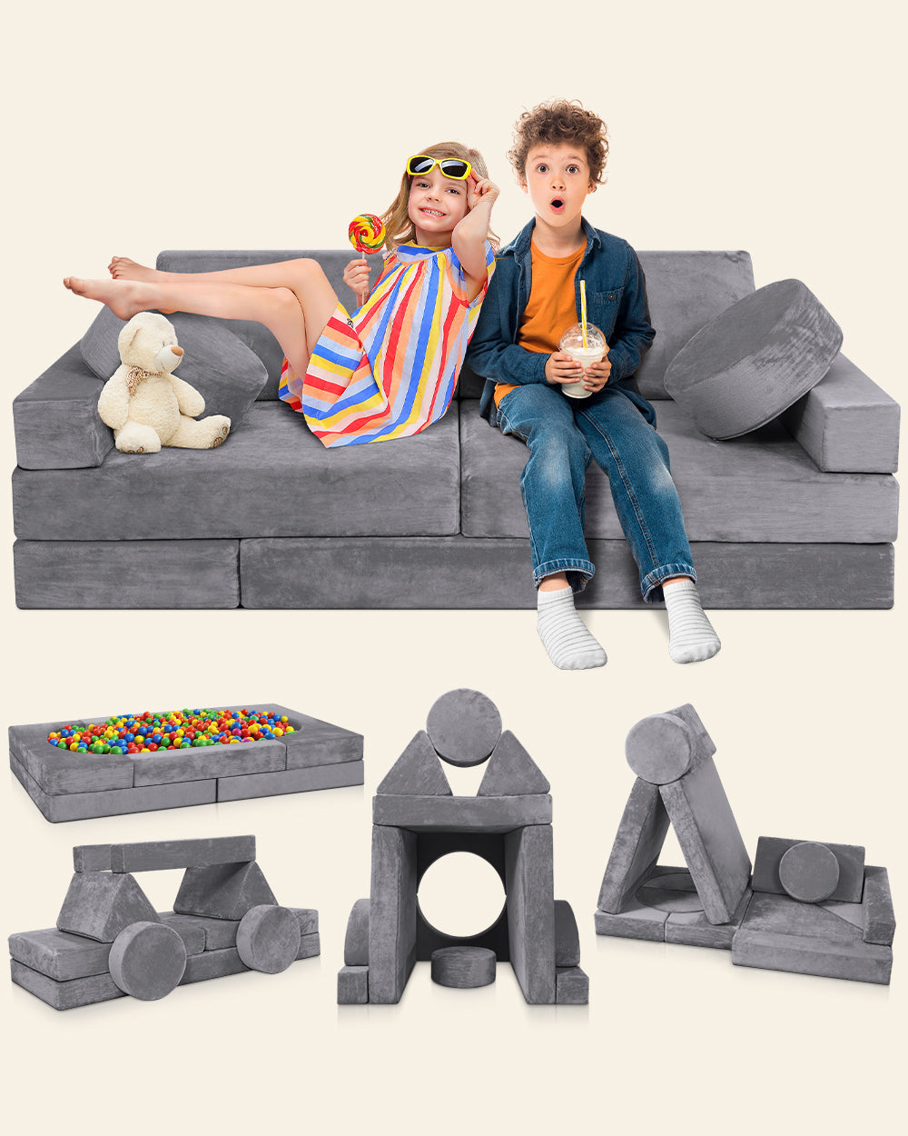 LX15 14pcs Modular Play Couch, Granite Gray
