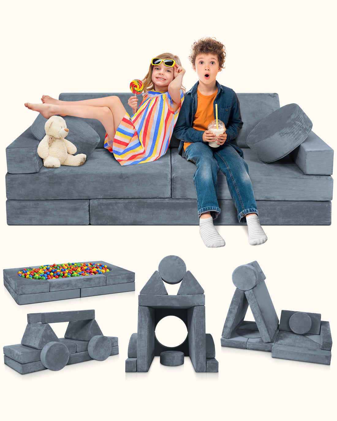 LX15 14pcs Modular Play Couch, Granite Gray