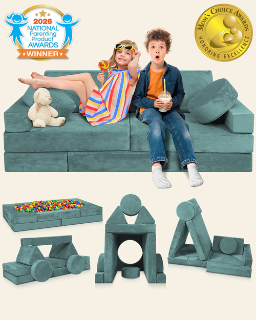 A children's modular play couch set shown with two kids sitting on it.