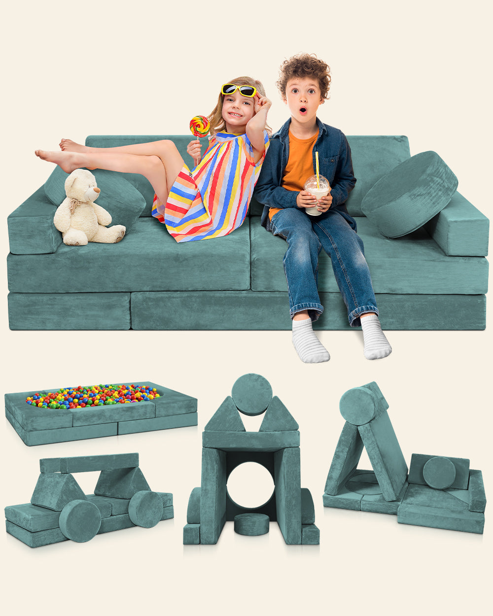 LX15 14pcs Modular Play Couch, Sage Teal