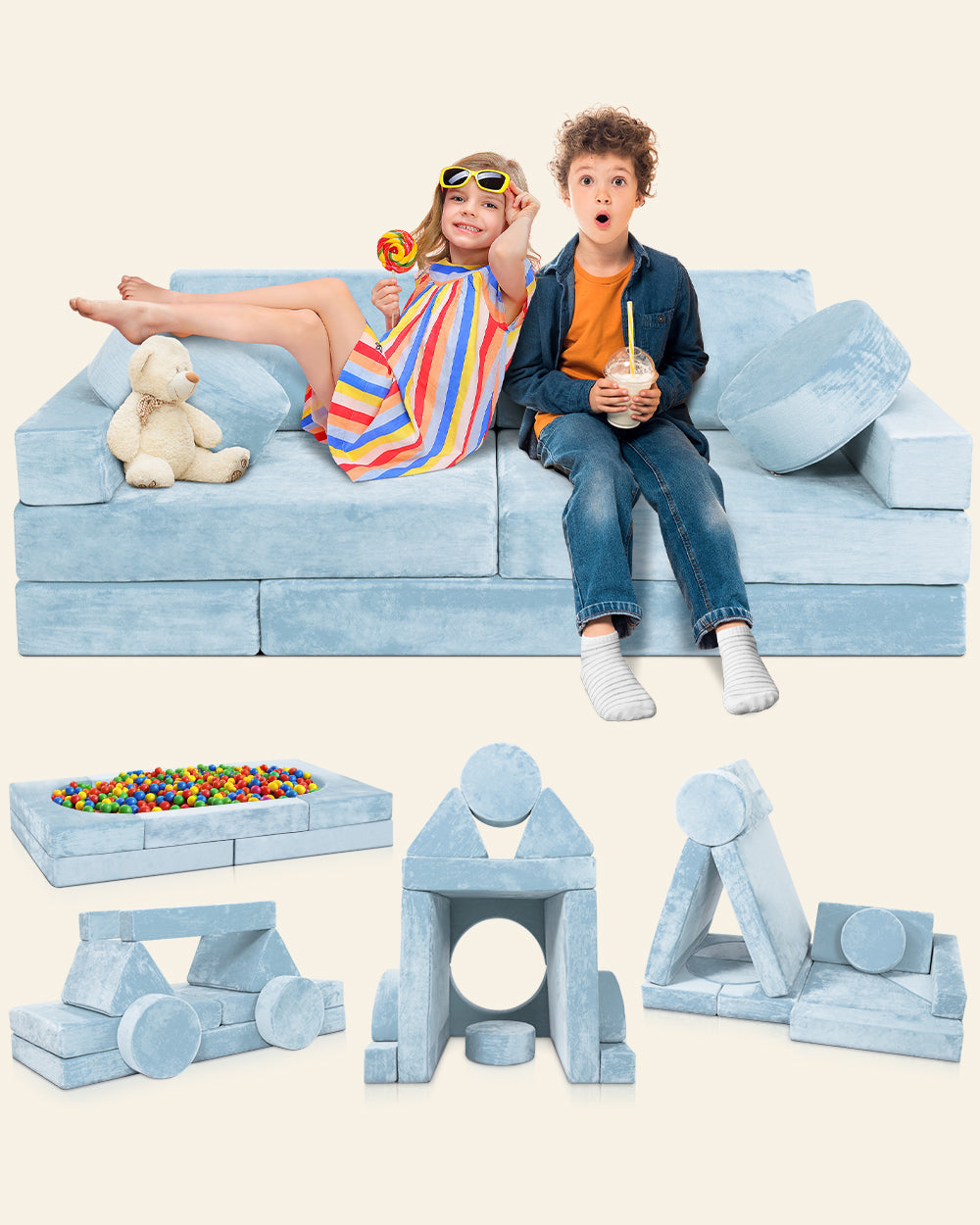LX15 14pcs Modular Play Couch, Serenity Blue