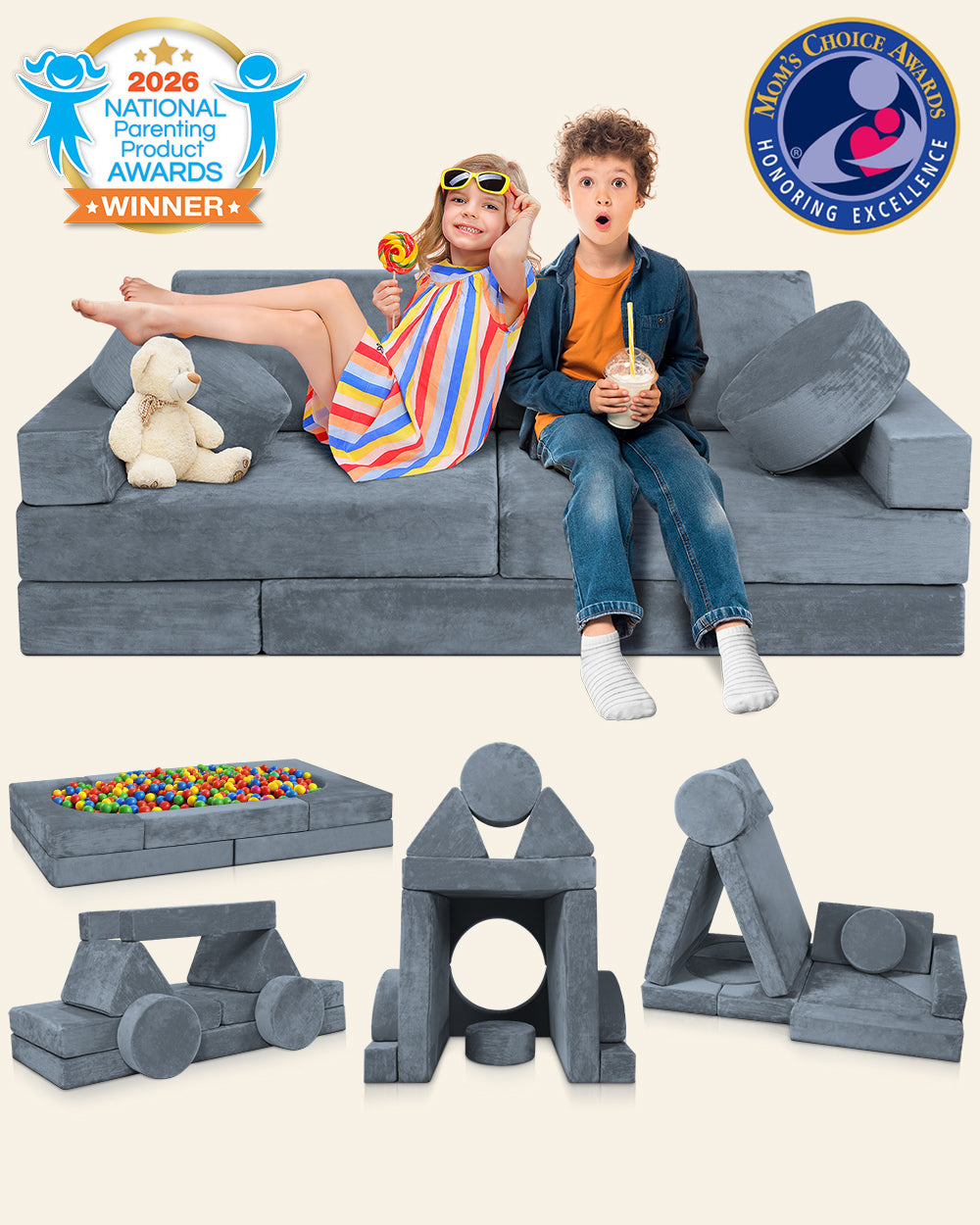 LX15 14pcs Modular Play Couch, Stone Gray