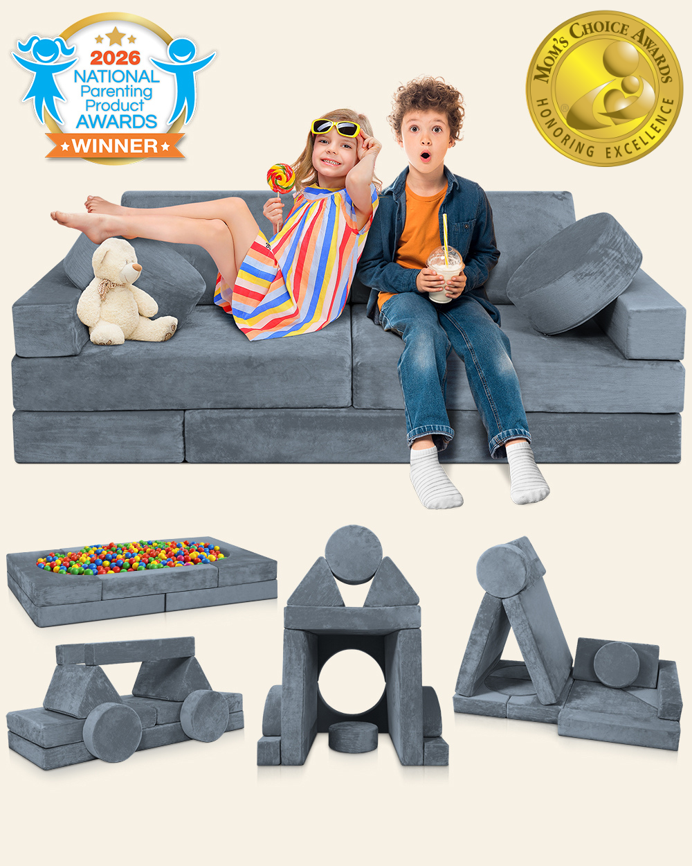 Gray modular foam play couch with children sitting on it, plus several toy play blocks and a ball pit shown below on a light beige background. Awards badges appear in the corners.