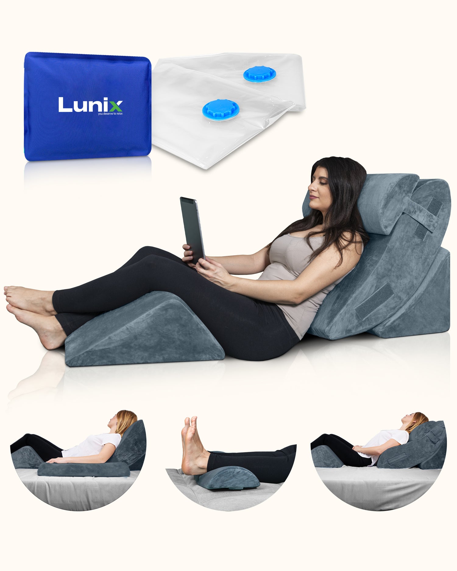 LX5 4-Piece Support for Shoulder &amp; Upper Body Rest, Orthopedic Bed Wedge Pillow Set, Arctic Navy