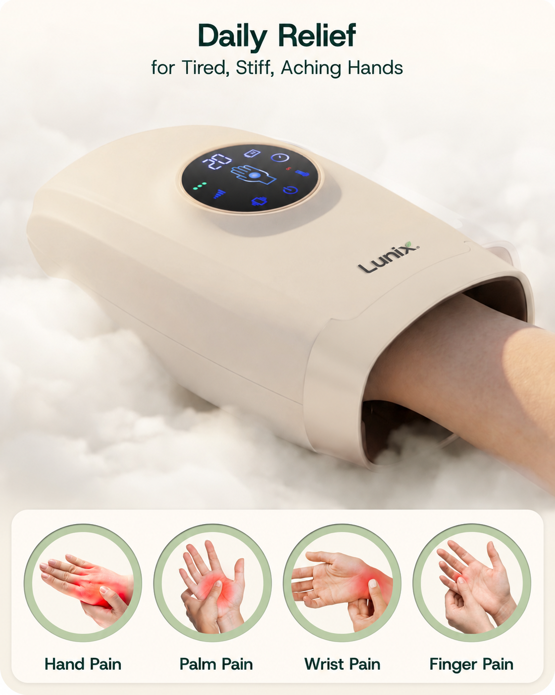 Lunix LX7 LCD Touchscreen Heated Air Compression Hand Massager, Sand Beige