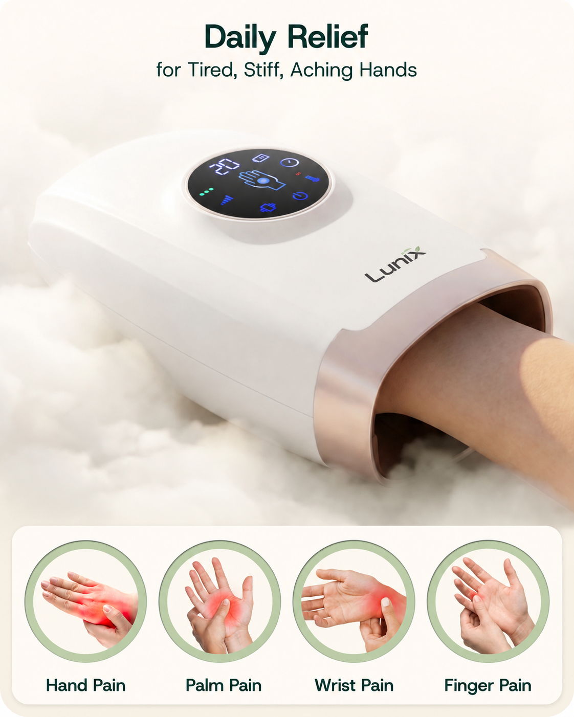 LX7 LCD Touchscreen Hand Massager, Heated Air Compression, Lunar White