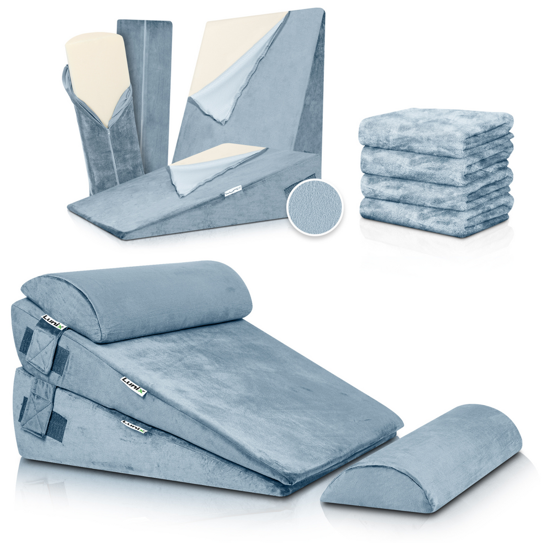Lunix LX8 2-Layer Wedge Pillow Set + Extra Cover Bundle (Gray)