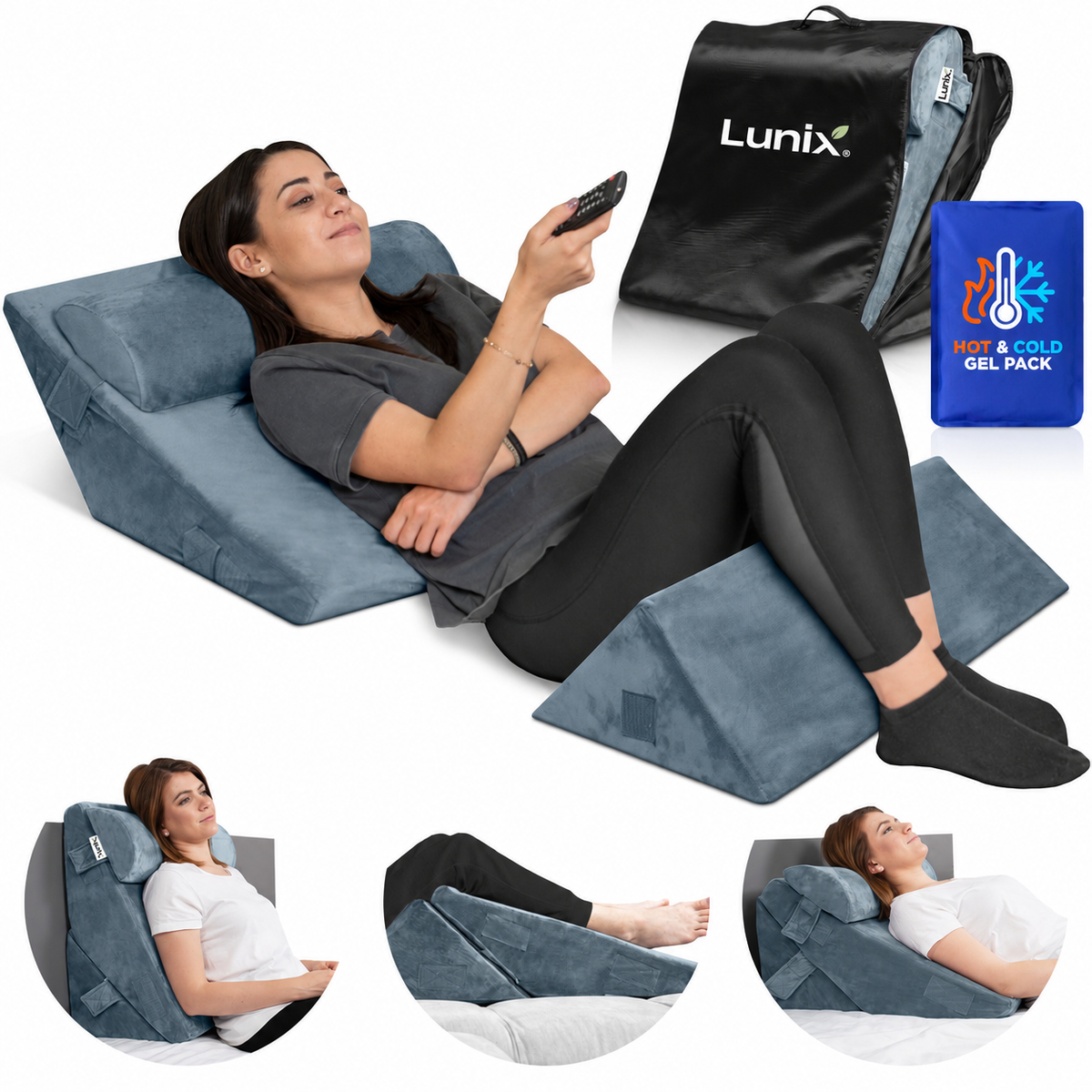 Lunix LX6 3pc Wedge Pillow Set (Navy) + Extra Cover Bundle (Pink)