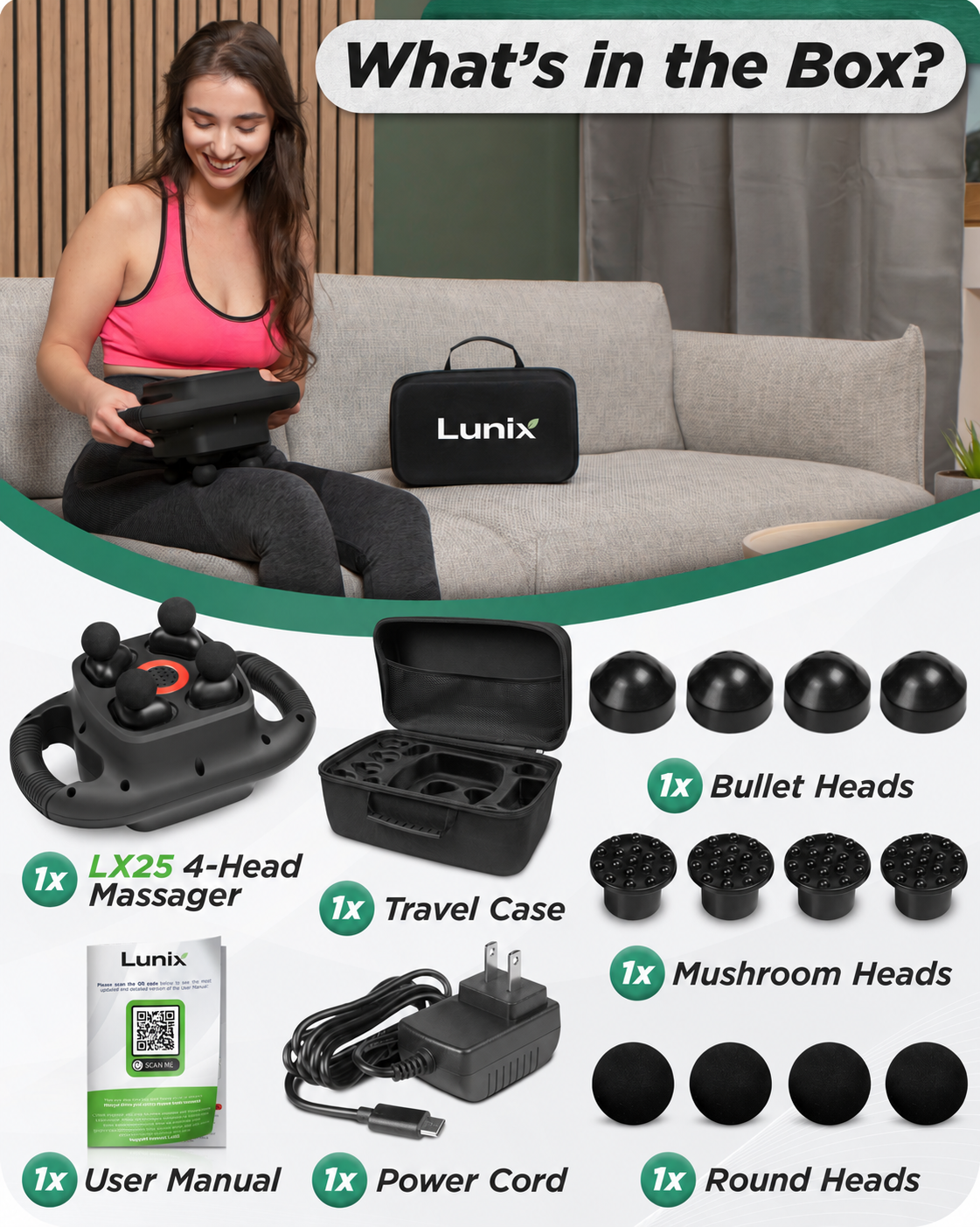 Lunix LX25 4-Head Percussion Massager with Infrared Light, Charcoal Black