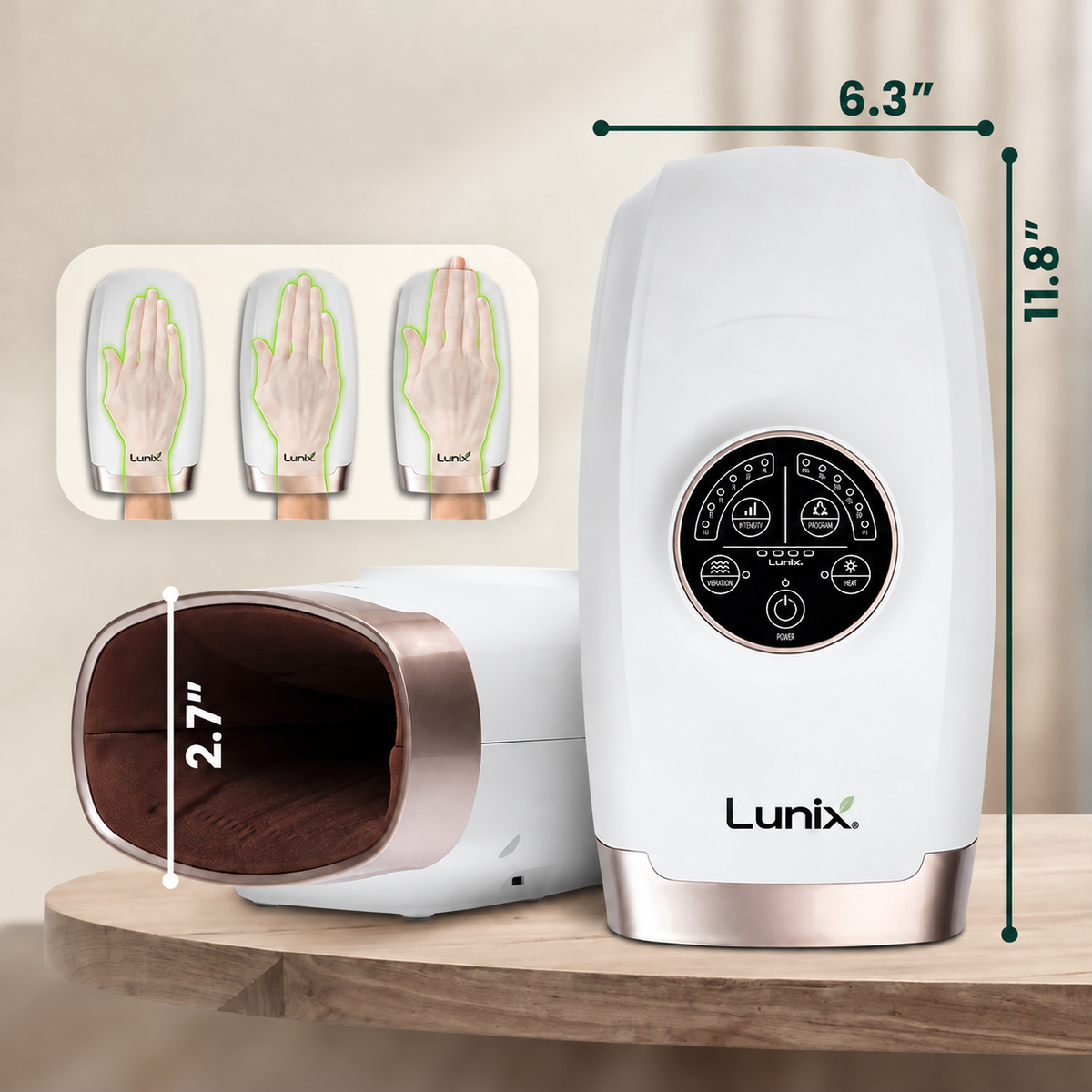 Lunix LX3 heated air compression hand massager for wrist and hand, in White