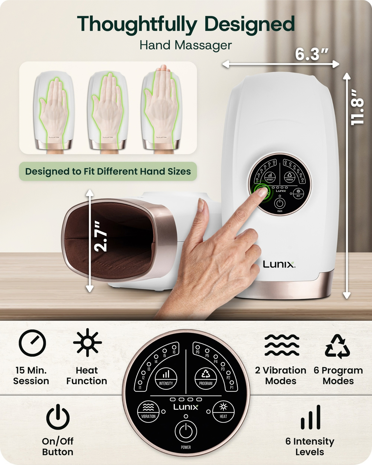 Lunix LX3 heated air compression hand massager for wrist and hand, in White