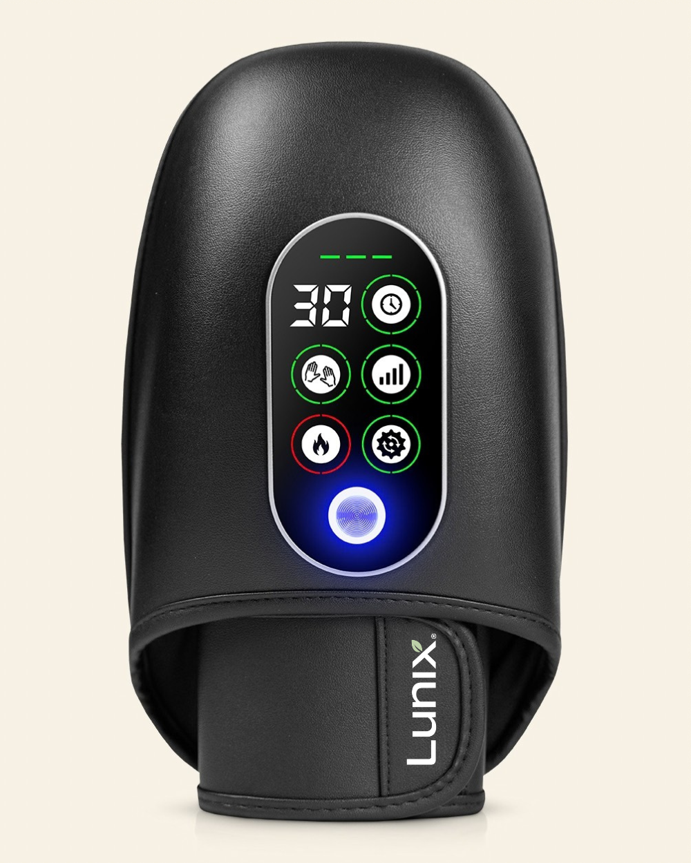 A black Lunix hand massager with a digital display, set against a light beige background.