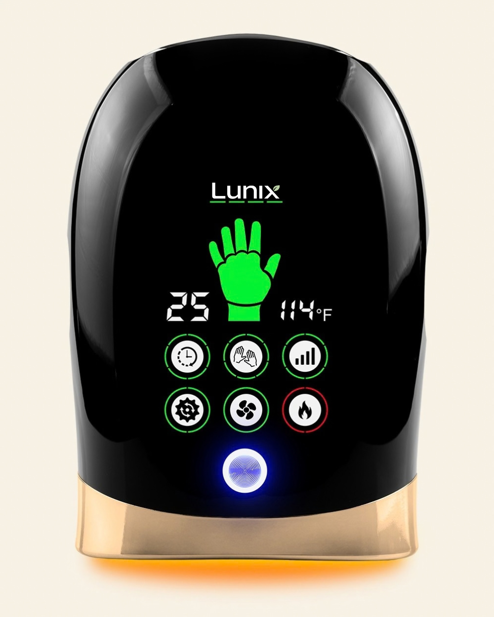 A black Lunix hand massager with a digital display showing, set against a light beige background.