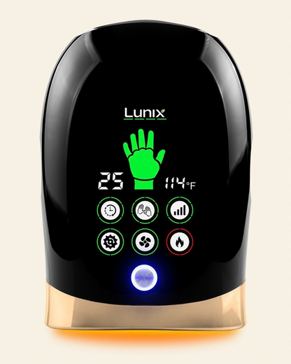 A black Lunix hand massager with a digital display showing, set against a light beige background.