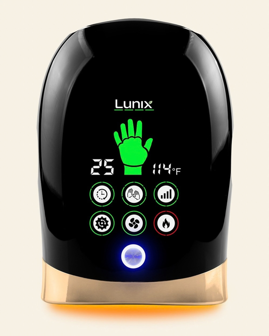 A black Lunix hand massager with a digital display showing, set against a light beige background.