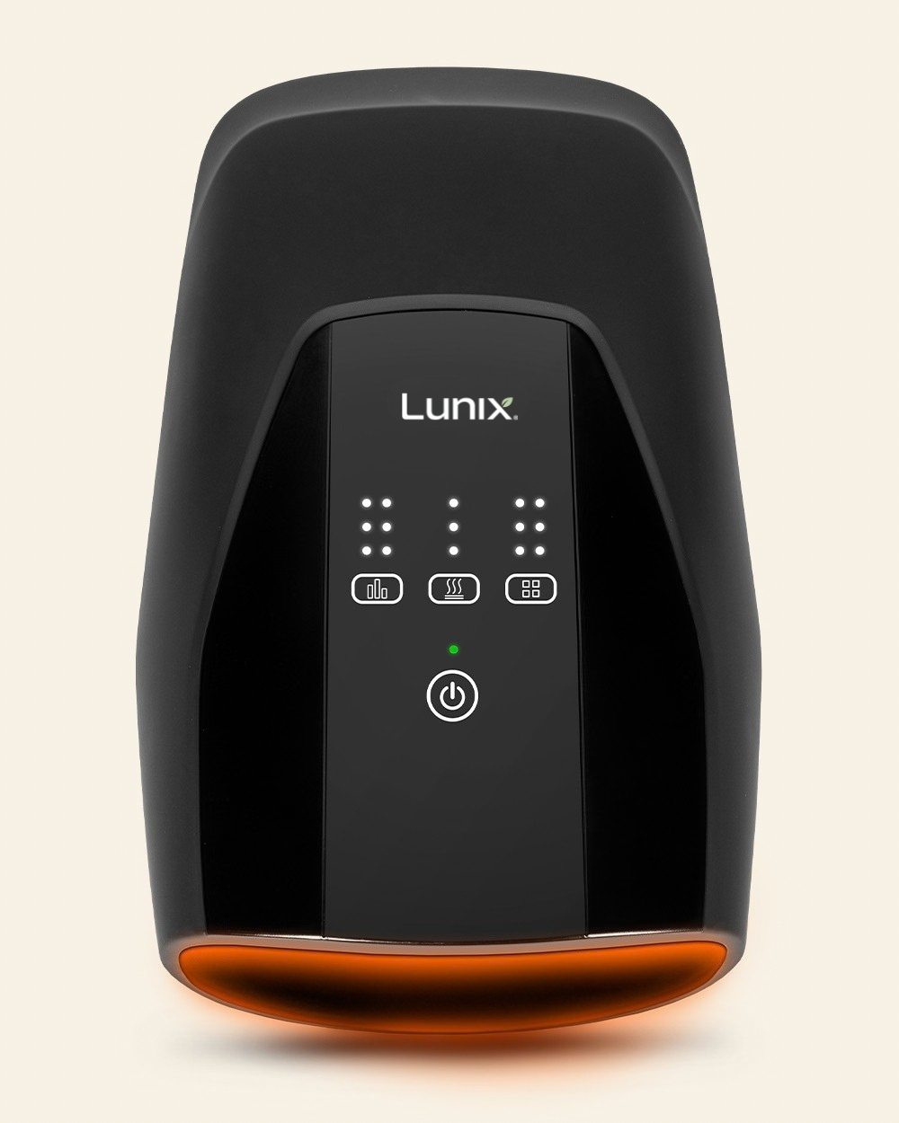A black Lunix hand massager with a digital display, set against a light beige background.