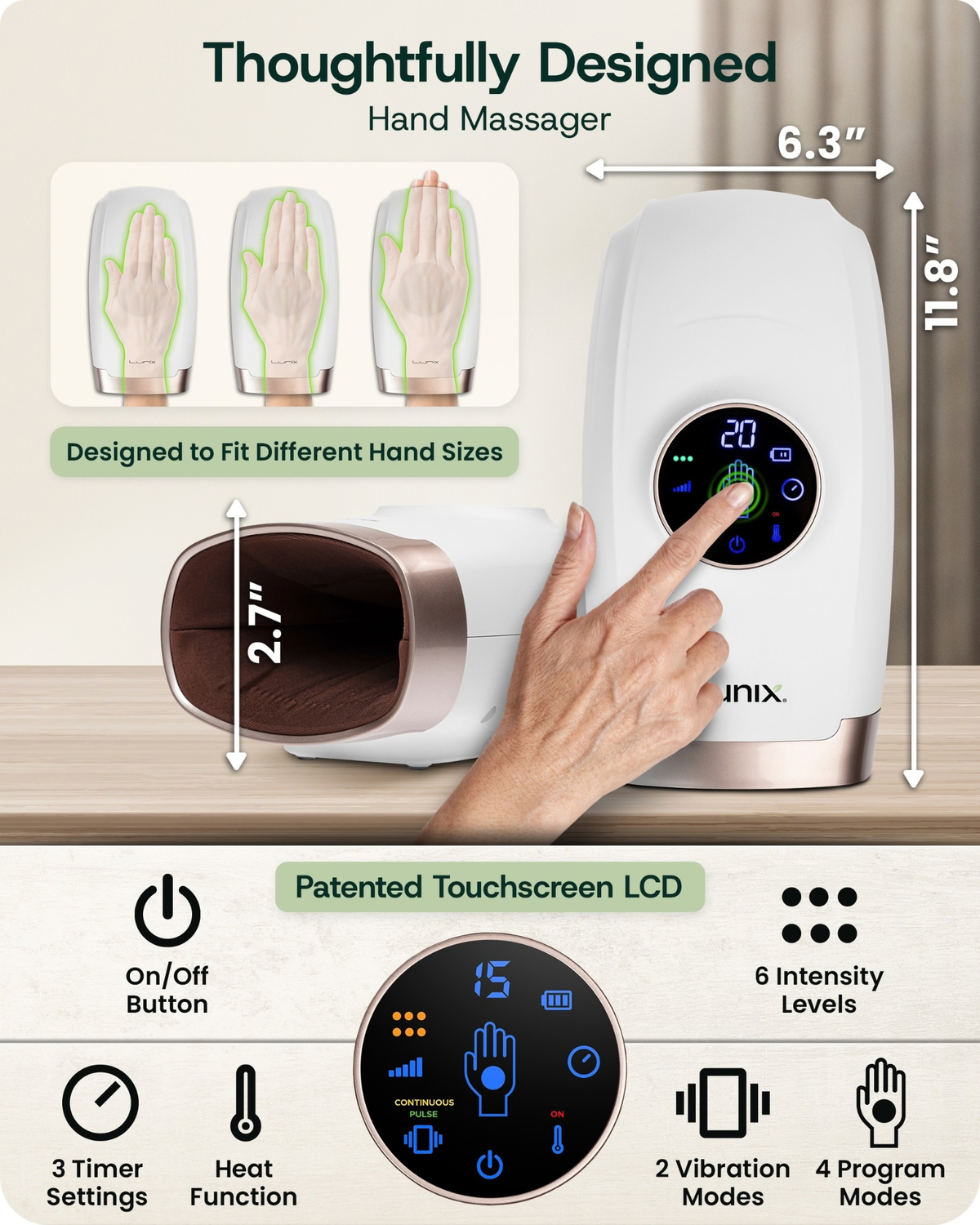 LX7 LCD Touchscreen Hand Massager, Heated Air Compression, Lunar White