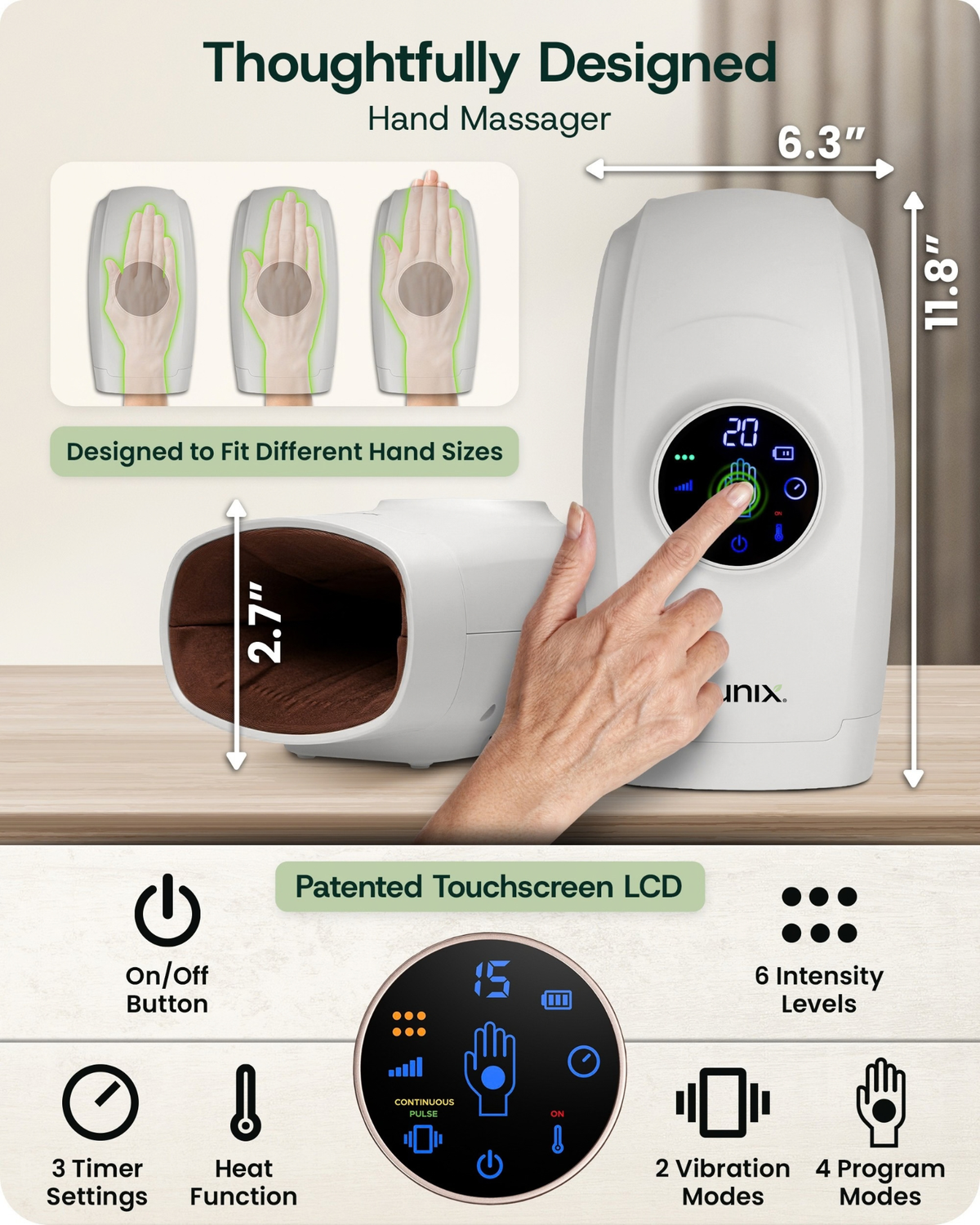 Lunix LX7 LCD Touchscreen Heated Air Compression Hand Massager, Cloud Gray