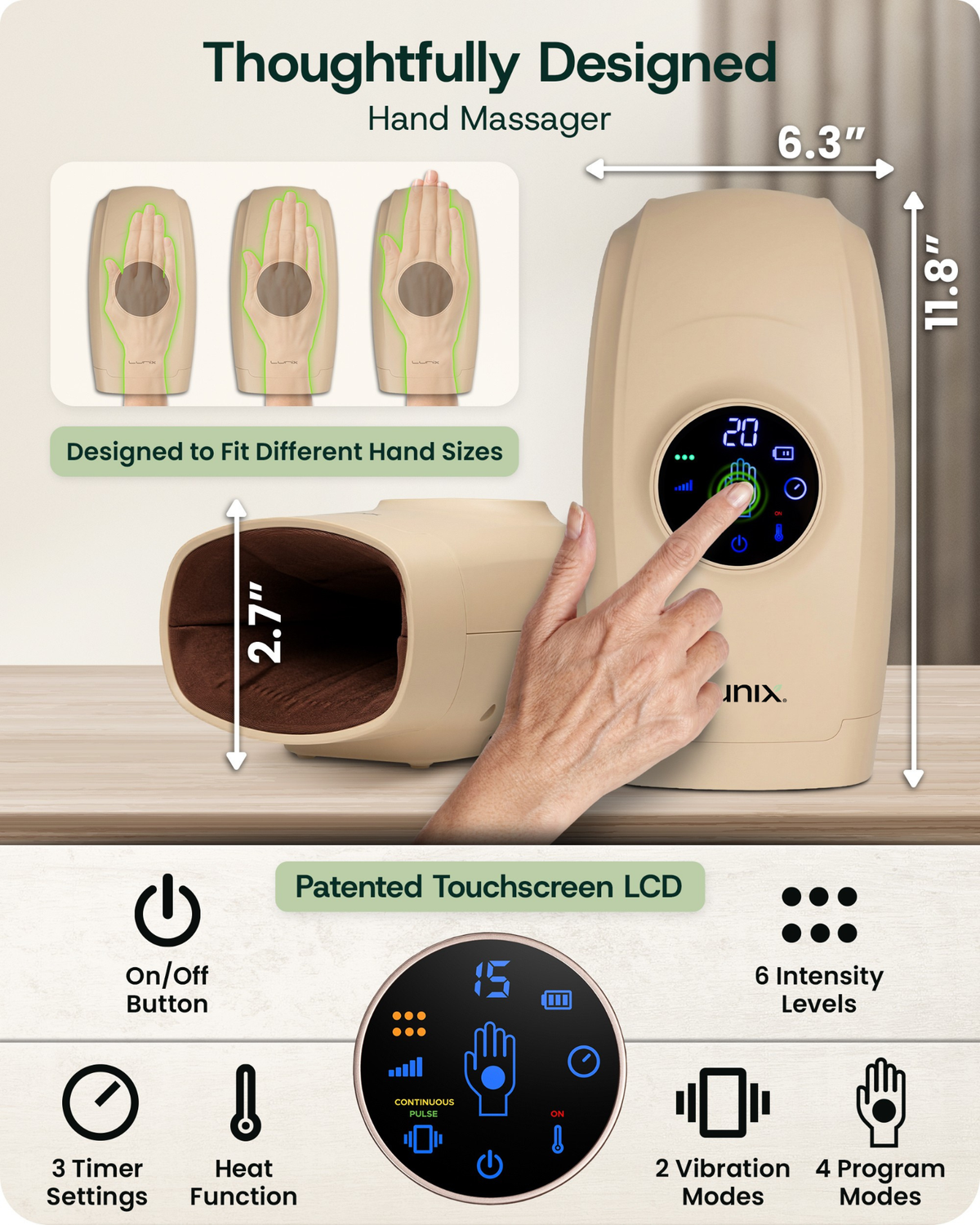 Lunix LX7 LCD Touchscreen Heated Air Compression Hand Massager, Sand Beige